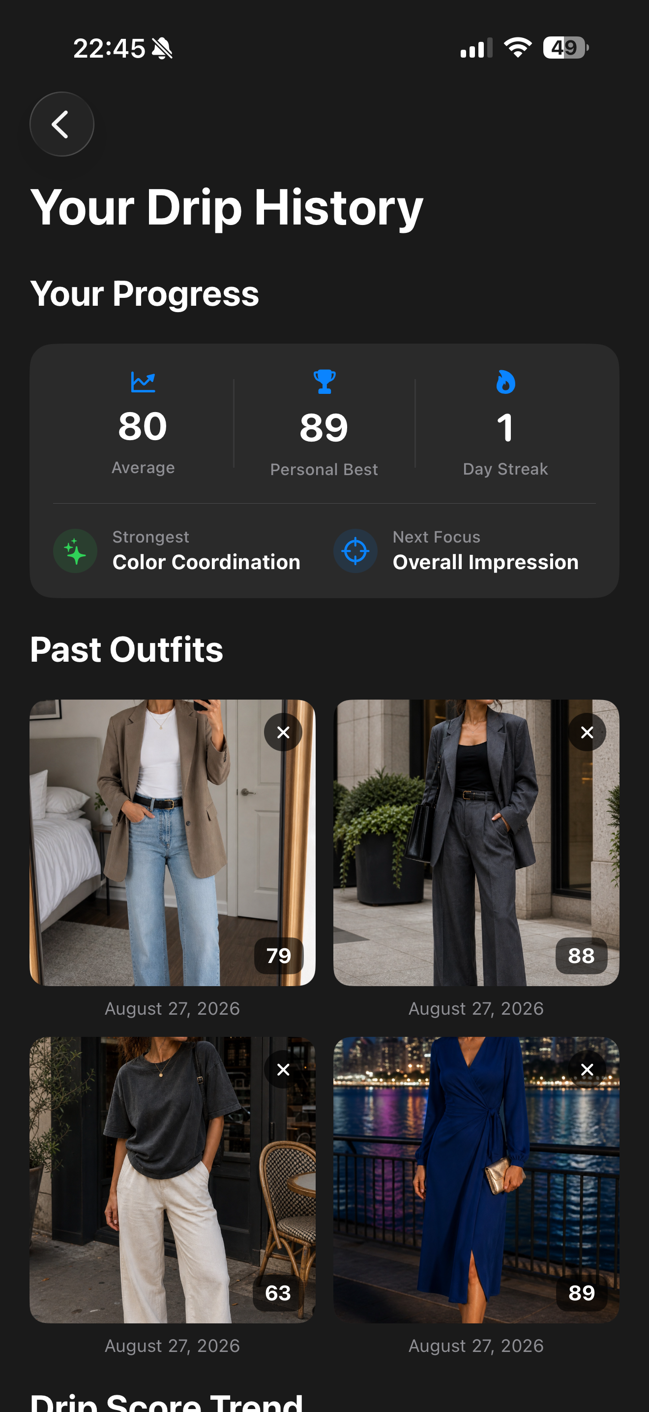 DRPD history screen from an example account showing average, personal best, day streak and a grid of past outfit scans with scores