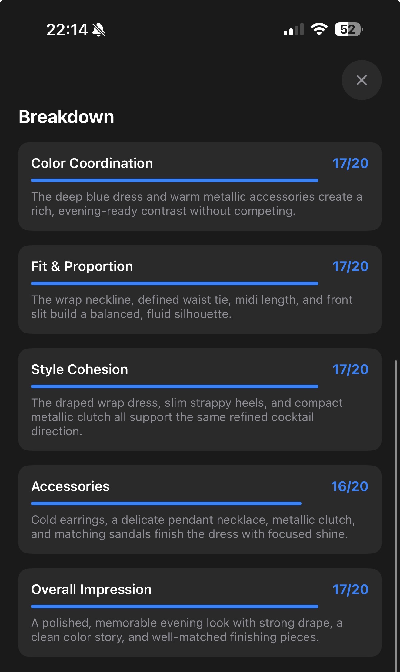 DRPD breakdown screen listing Color Coordination, Fit & Proportion, Style Cohesion, Accessories and Overall Impression scores with written reasoning