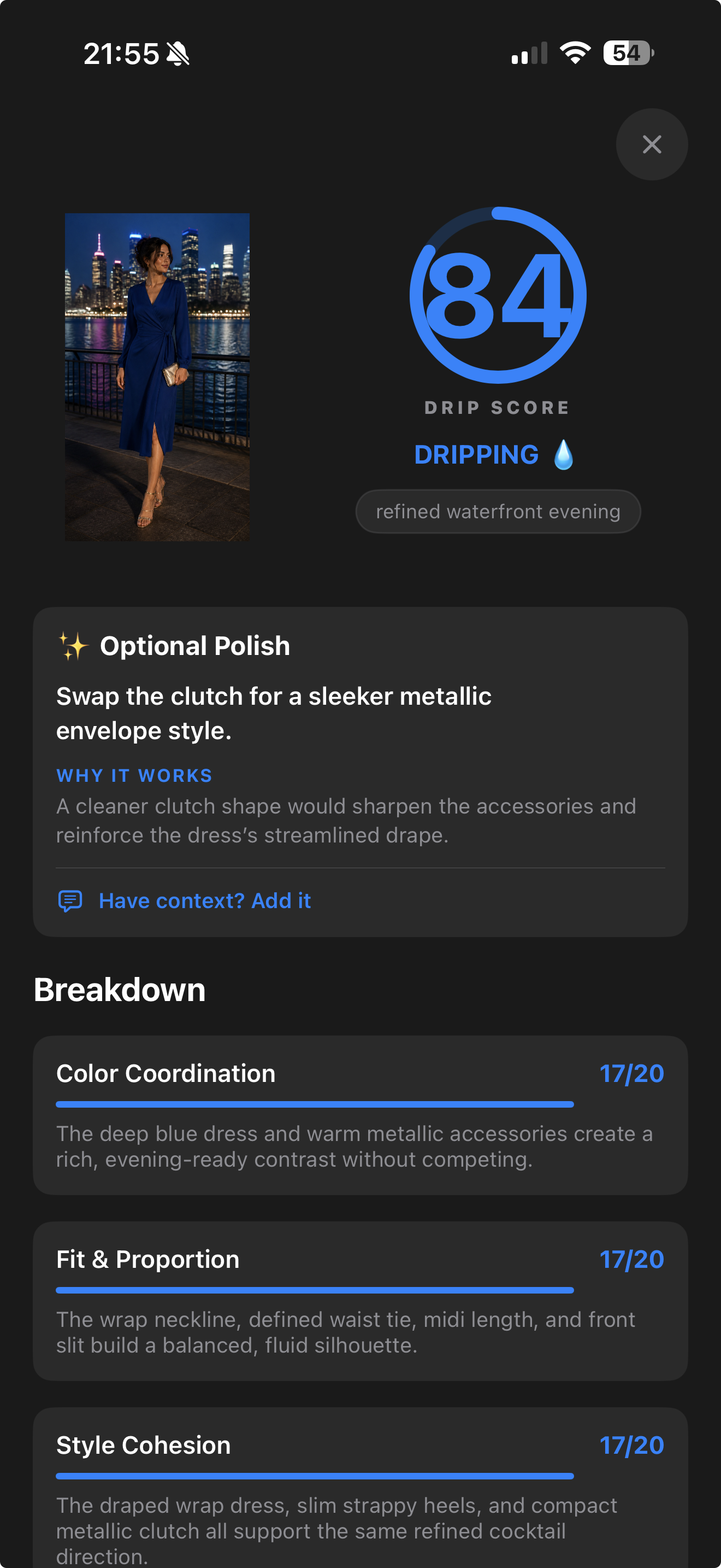 DRPD result screen: a Drip Score of 84, the DRIPPING verdict, a refined waterfront evening tag and an Optional Polish suggestion