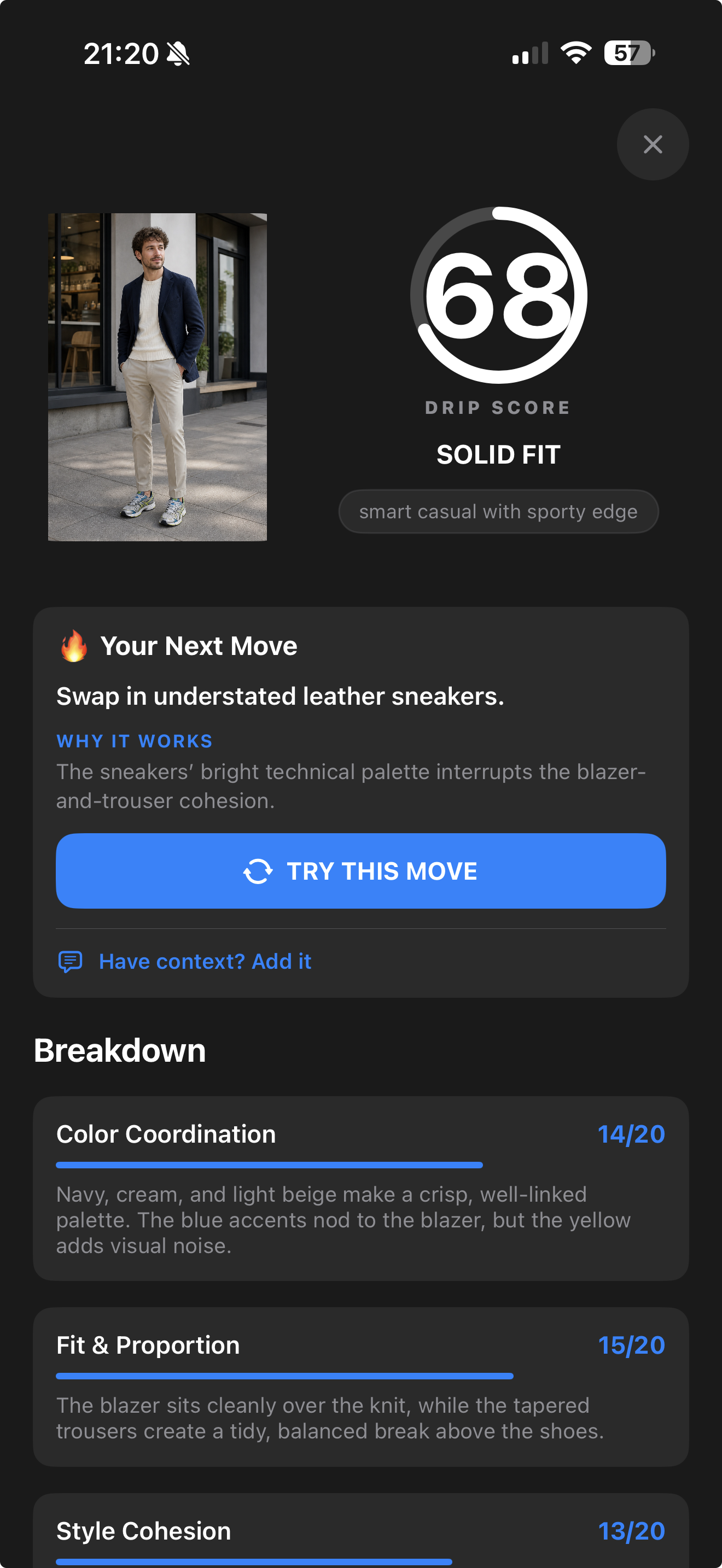 DRPD result screen with a Drip Score of 68, SOLID FIT verdict and a Your Next Move card suggesting understated leather sneakers